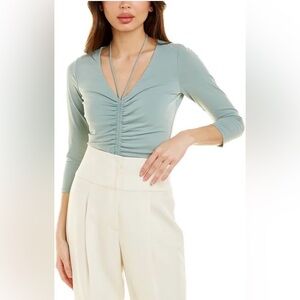 NWT $148 Bailey / 44 Sage Green Ruched Tie Neck 3/4 Sleeve  Hayley Top Size XS